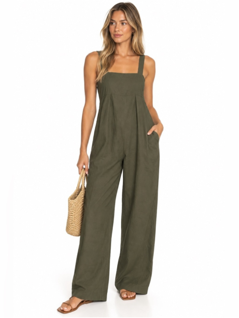 UNIQLO Linen Blend Wide Leg Jumpsuit Olive Green Large